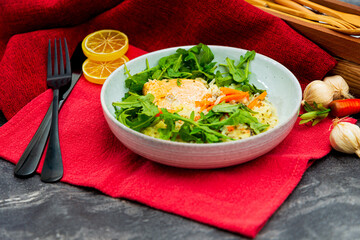 Salmon steak Sorrel sauce and rice