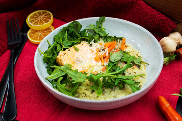Salmon steak Sorrel sauce and rice