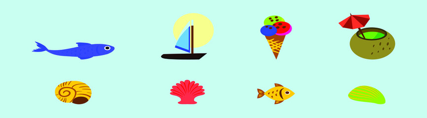 set of beach element cartoon icon design template with various models. vector illustration isolated on blue background