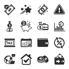 Set of Finance icons, such as Bitcoin coin, Report timer, Manager symbols. Calendar graph, Money wallet, Accepted payment signs. Salary, Sale, Loan percent. Savings, Payment, Wallet. Vector