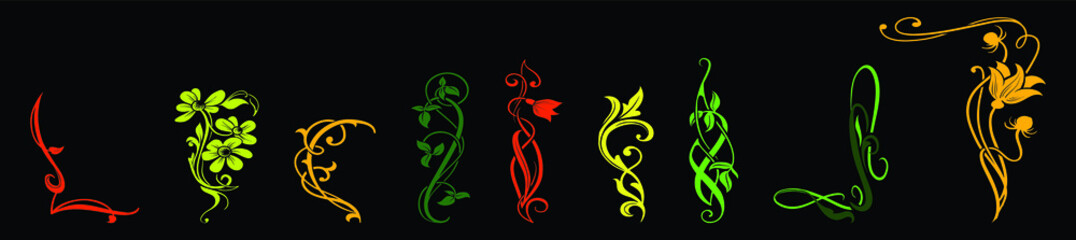 set of decorative art nouveau. cartoon icon design template with various models. vector illustration isolated on black background