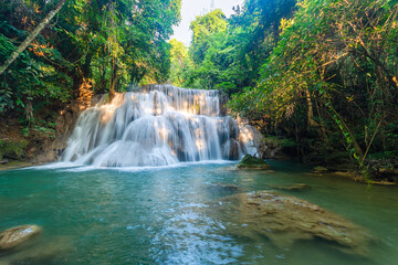 Erawan Waterfall, Kanchanaburi Province Thailand, natural waterfalls, beautiful green forests,