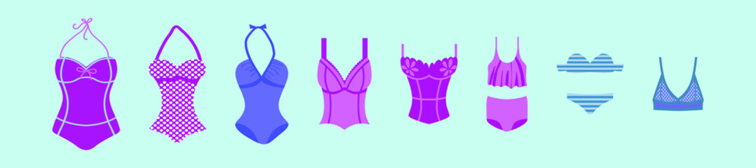 set of women s bikini for swimming. Fashion collection of trend colorful bright swimsuits in flat style