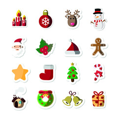 Vector image. Funny Christmas stickers. Icons of santa claus, deer, christmas ball, tree, house. Images to decorate.