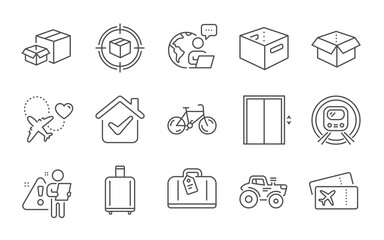 Fototapeta premium Lift, Boarding pass and Honeymoon travel line icons set. Office box, Baggage reclaim and Tractor signs. Metro subway, Open box and Hand baggage symbols. Line icons set. Vector