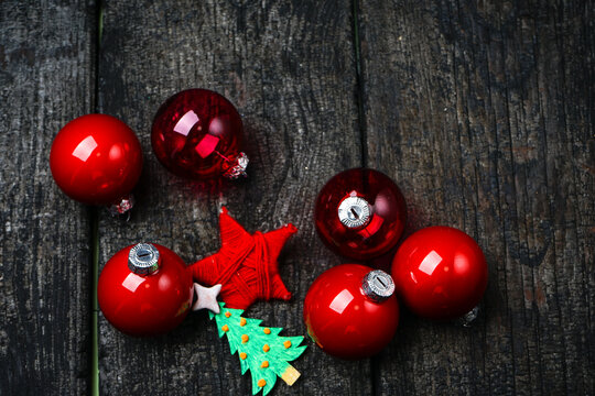 Christmas Mockup Red And Pink Christmas Toys On Black Background Flatlay
