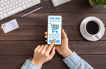 Female Buyer Ordering Grocery Online Using Smartphone Indoors, Closeup, Collage