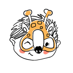 Hand-Drawn Lineart Clipart. Boy in funny animal mask.