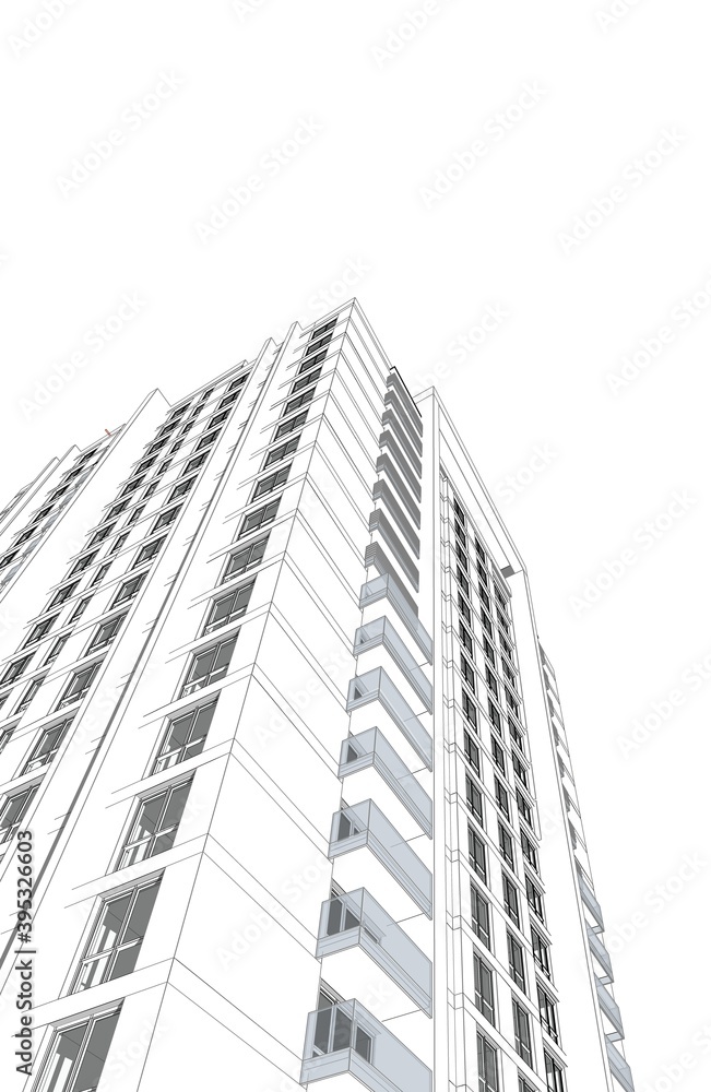 Poster abstract 3d illustration of a residence building facade. looking up perspective in grey tones. build
