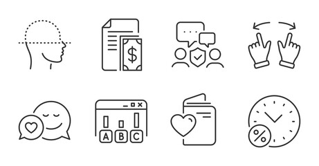 Security agency, Face scanning and Loan percent line icons set. Survey results, Love document and Dating signs. Payment, Move gesture symbols. Body guard, Faces detection, Discount. Vector