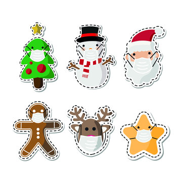 Vector image. Different Christmas drawings with a mask. Christmas with mask.