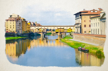 Fototapeta premium Watercolor drawing of Ponte Vecchio bridge with colourful buildings houses over Arno River