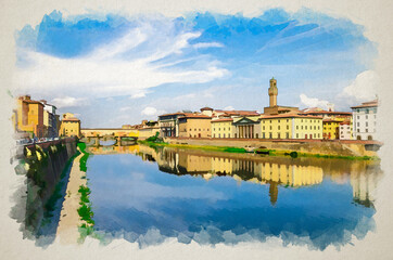Watercolor drawing of Ponte Vecchio bridge with colourful buildings houses over Arno River - obrazy, fototapety, plakaty