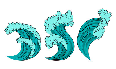 Sea Waves with Foam and Blue Splashes Vector Set