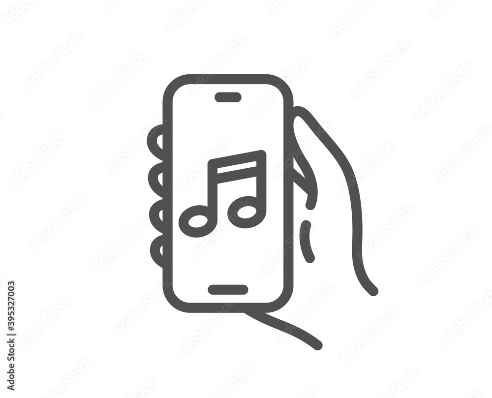 Poster music app line icon. hand hold phone sign. cellphone with screen notification symbol. quality design