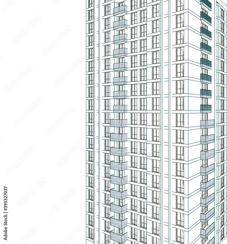 Poster abstract 3d illustration of a residence building facade. close up view from the middle floors in dar