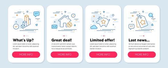 Set of Finance icons, such as 3d chart, Loan house, Loyalty points symbols. Mobile app mockup banners. Loyalty tags line icons. Presentation column, Discount percent, Piggy bank. Bonus reward. Vector