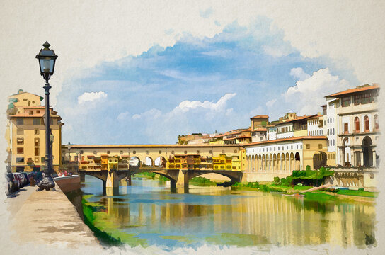 Watercolor drawing of Ponte Vecchio stone bridge with colourful buildings houses across Arno River