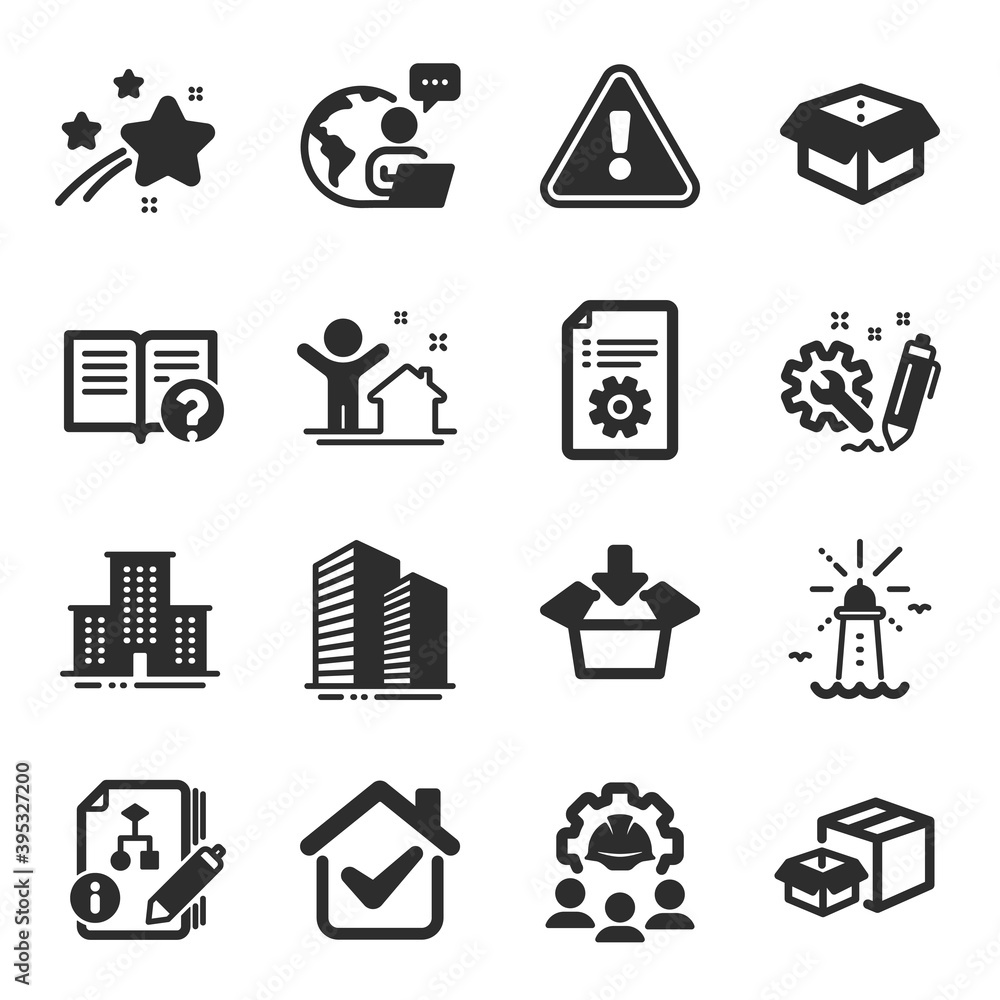 Poster set of industrial icons, such as algorithm, university campus, technical documentation symbols. new 