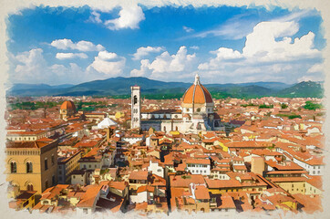 Fototapeta na wymiar Watercolor drawing of Top aerial panoramic view of Florence city with Duomo Cattedrale di Santa Maria del Fiore cathedral
