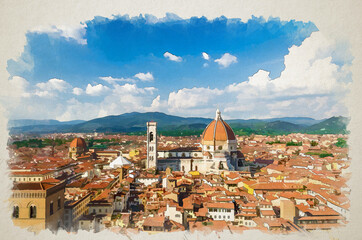 Fototapeta na wymiar Watercolor drawing of Top aerial panoramic view of Florence city with Duomo Cattedrale di Santa Maria del Fiore cathedral