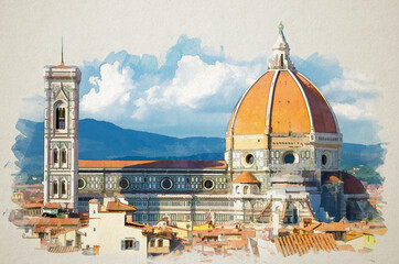 Watercolor drawing of Top aerial panoramic view of Florence city with Duomo Cattedrale di Santa Maria del Fiore cathedral