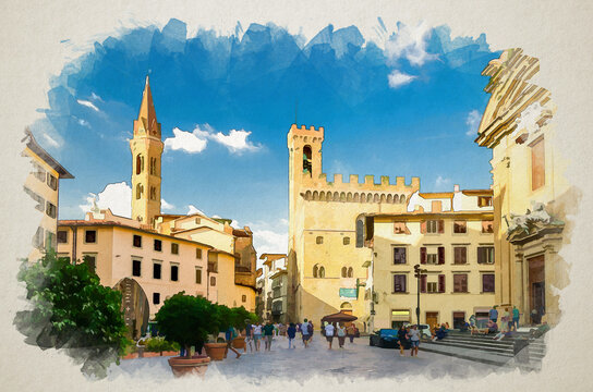 Watercolor drawing of Florence, Italy, September 15, 2018: Piazza di San Firenze square with Chiesa San Filippo Neri