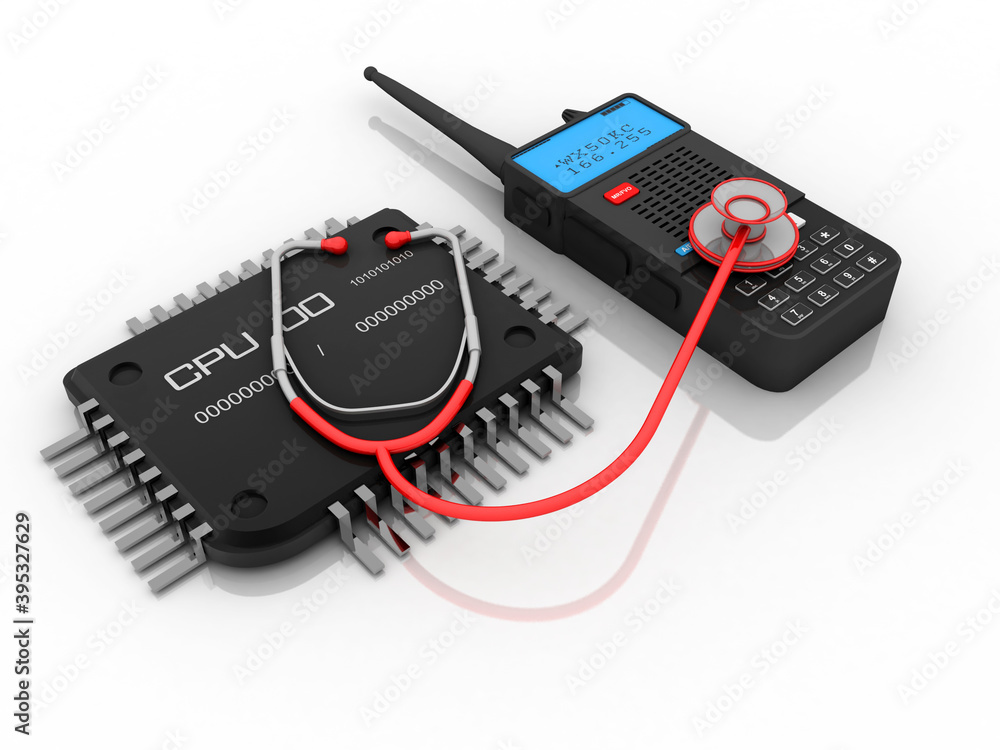 Poster 3d rendering latest radio transceivers with computer chip connected mouse and stethoscope