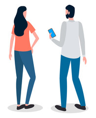 Man and woman talking to each other. Man is holding a mobile phone in his hand and looking at the screen. Male and female characters back view full height. Communication of people. Staff conversation