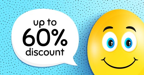 Up to 60% Discount. Easter egg with smile face. Sale offer price sign. Special offer symbol. Save 60 percentages. Easter smile character. Discount tag speech bubble. Yellow egg background. Vector