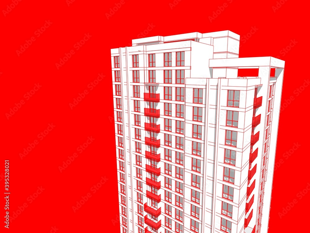 Poster abstract 3d illustration of a residence building facade. close up view of upper floors in red backgr
