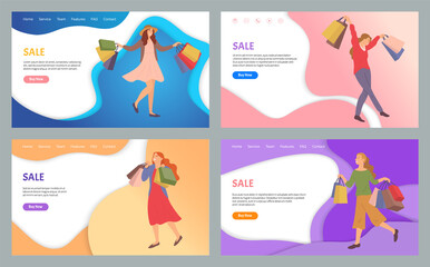 Set of illustrations on the topic of sale and shopping. Group of people is rejoicing with packages with purchases in their hands. Women buys gifts and prepares for holiday. Shoppers at the store
