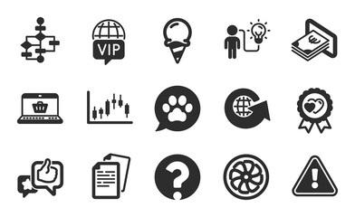 Like, Pets care and Online shopping icons simple set. Question mark, Love award and Candlestick graph signs. Business idea, Cash and Ice cream symbols. Vip internet, Documents and Fan engine. Vector