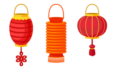 Chinese Lantern Made of Paper or Silk as Festive Luminaria Vector Set