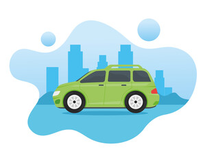 green car vehicle traveling on the city vector illustration design