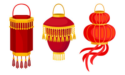 Chinese Lantern Made of Paper or Silk as Festive Luminaria Vector Set