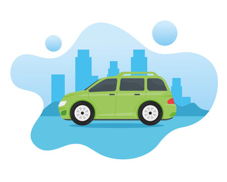 Green Car Vehicle Traveling On The City Vector Illustration Design