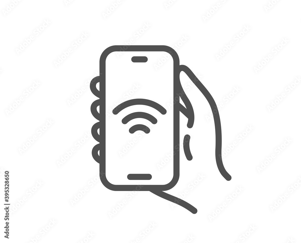 Poster internet app line icon. hand hold phone sign. cellphone with screen notification symbol. quality des