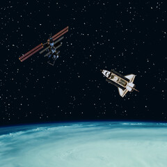 Satellite and shuttle above the earth. The elements of this image furnished by NASA.