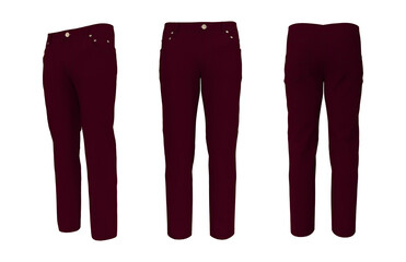 Men's jeans in front, side and back views. 3d rendering, 3d illustration