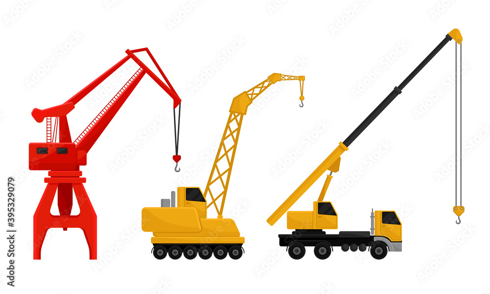 Poster crane as machine for lifting and lowering materials vector set