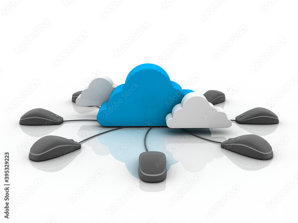 Poster 3d rendering blue cloud connected computer mouse
