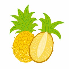 Half and whole pineapple. Exotic tropical fruit with stamp texture, fresh whole juicy yellow ananas with green leaves, vector cartoon isolated illustration. Print or banner, label or poster, sticker