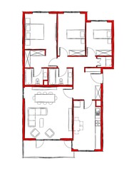 Illustration of three bedroom flat with balcony.  3BHK architectural plan drawing with red walls in hand sketch style.
