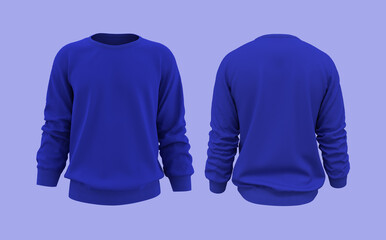 Blank sweatshirt mock up template in front, and back views, isolated on blue, 3d rendering, 3d illustration
