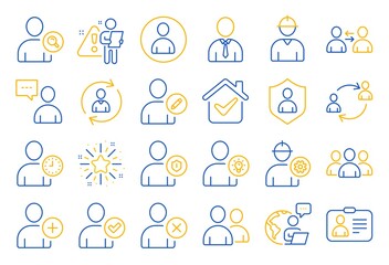 Obraz premium Users line icons. Profile, Group of people and Support signs. ID card, Teamwork people and Businessman user symbols. Person talk, Engineer profile and Human Management. Job support. Vector