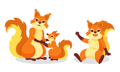 Fluffy Squirrel Waving Paw and Playing with Cub Vector Set
