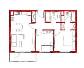 Illustration of two bedroom flat with open kitchen and balcony.  2 BHK architectural plan drawing with red walls in hand sketch style.