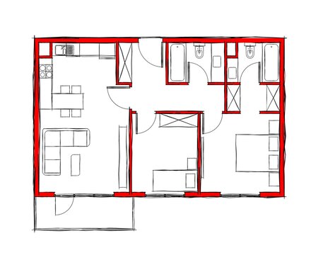Illustration of two bedroom flat with open kitchen and balcony.  2 BHK architectural plan drawing with red walls in hand sketch style.