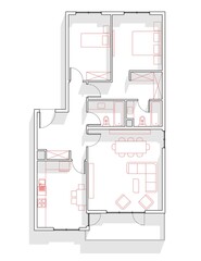 Illustration of two bedroom flat with balcony. 2 BHK architectural plan drawing with red furniture and shadows.